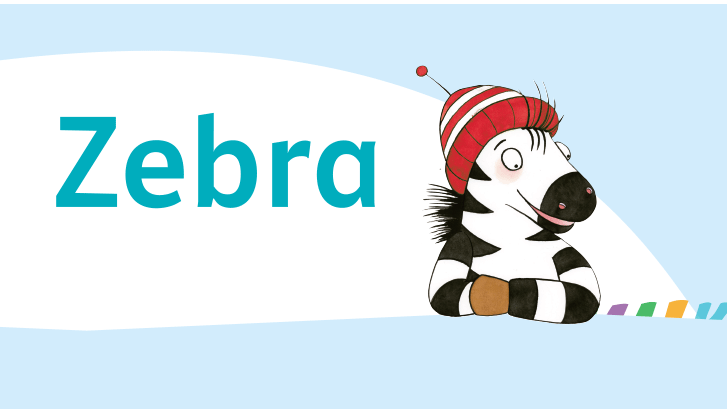Illustration des Zebras „Franz“ mit dem Text „Zebra“ Illustration des Zebras „Franz“ mit dem Text „Zebra“