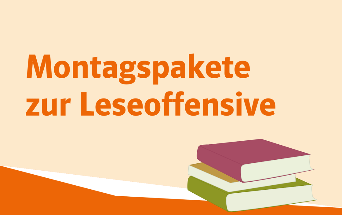 Illustration mehrerer Bücher mit dem Text „Montagspakete zur Leseoffensive“