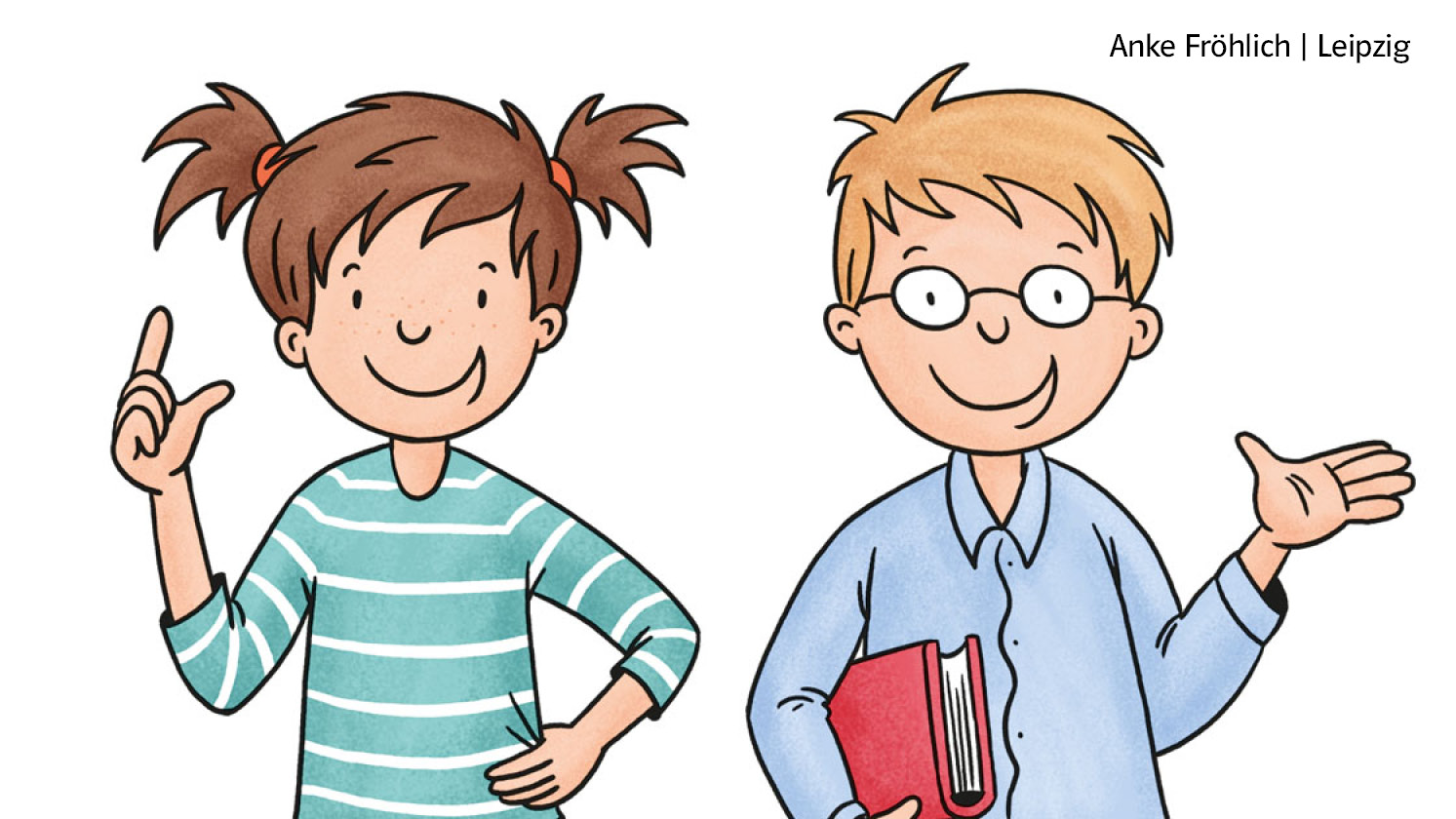 Illustration des Mädchens „Luna“, das nach oben zeigt, und des Jungen „Emil“, der ein Buch hält und eine Hand hebt