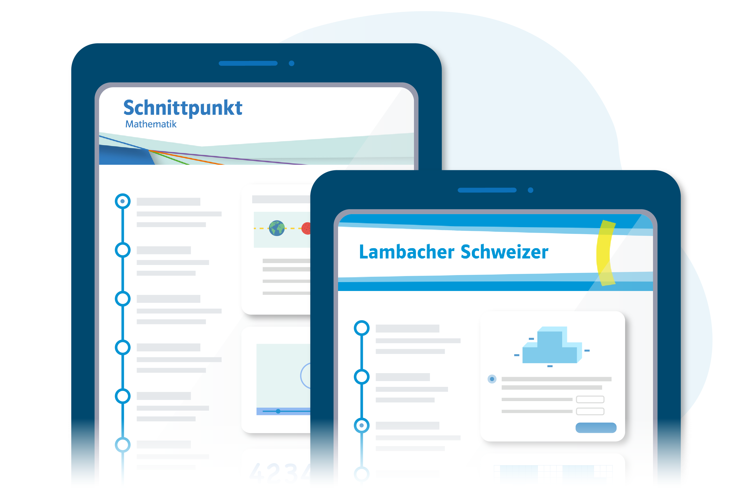 Illustration von zwei Tablets, die den MathCourse für Schnittpunkt und Lambacher Schweizer zeigen Illustration von zwei Tablets, die den MathCourse für Schnittpunkt und Lambacher Schweizer zeigen