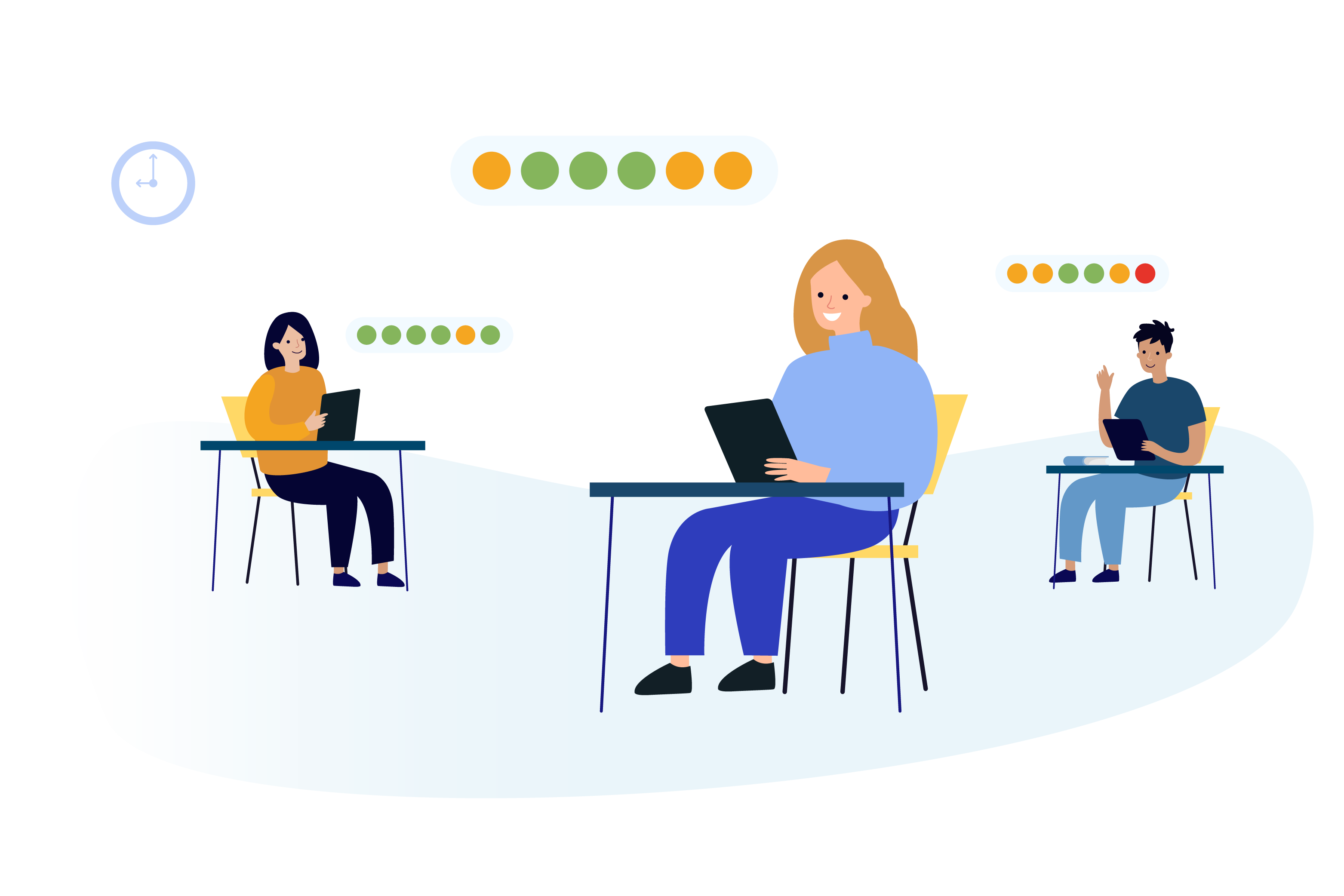 Illustration von drei Lernenden mit einer Anzeige zum individuellen Lernstand Illustration von drei Lernenden mit einer Anzeige zum individuellen Lernstand