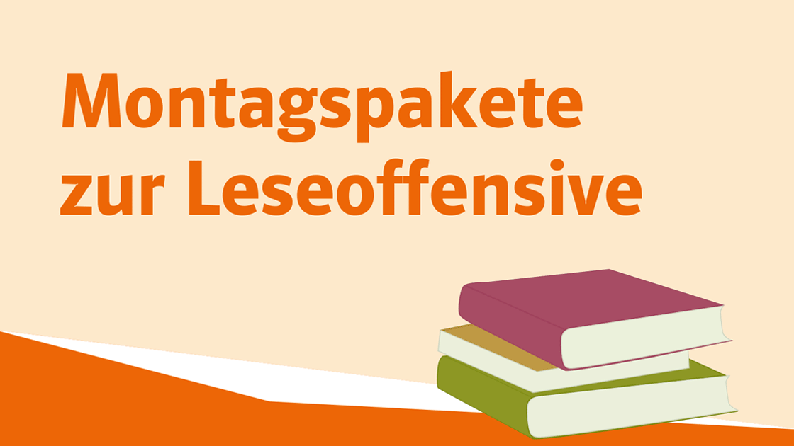 Illustration mehrerer Bücher mit dem Text „Montagspakete zur Leseoffensive“
