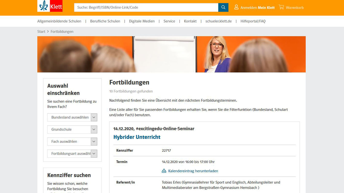 Screenshot der Website Klett Fortbildungen mit dem Inhalt „Online Seminar: Hybrider Unterricht“
