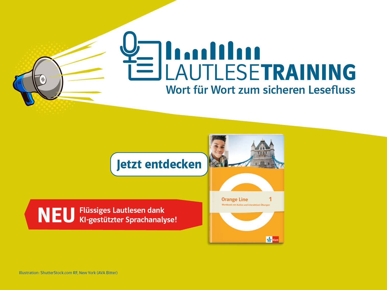 Grafik, die darauf hinweist, dass es das neues Feature Lautlesetraining für den Englischunterricht gibt