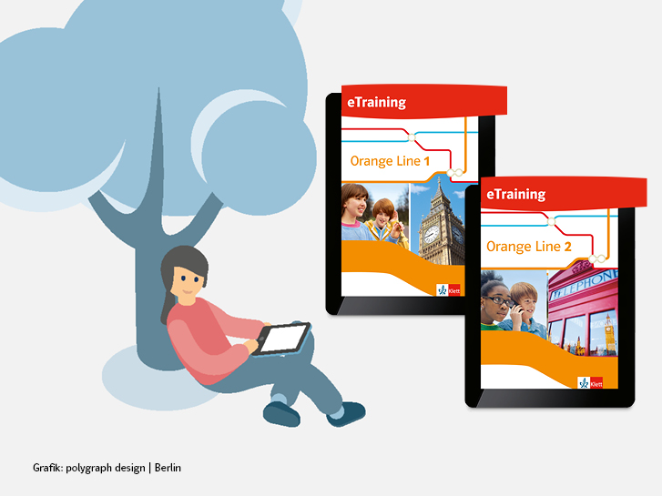 Illustration eines Mädchens unter einem Baum mit einem Tablet und Produktabbildung „Orange Line 1 und 2 eTraining”