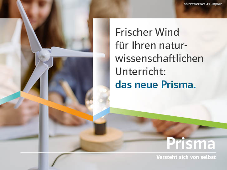 Kinder mit Spielzeug-Windrad und dem Text: Frischer Wind für ihren Nawi-Unterricht. Das neue Prisma