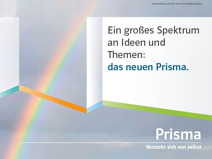 Abbildung eines Regenbogens und der Text: Ein großes Spektrum an Ideen und Themen - das neue Prisma