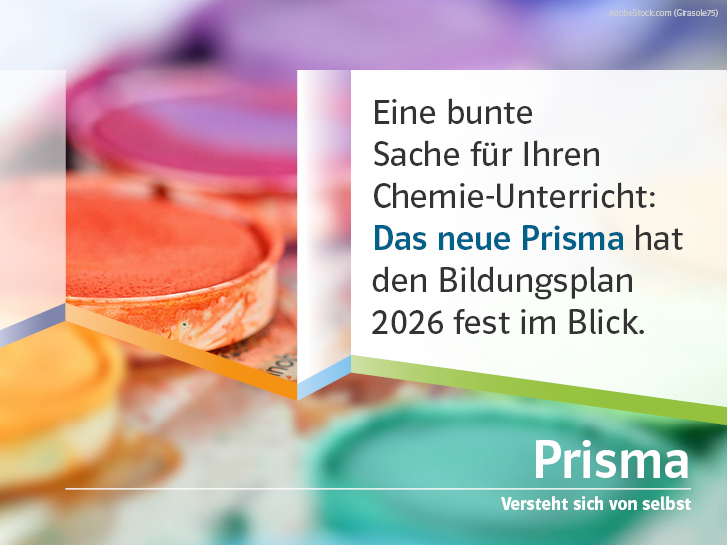 Malkasten mit dem Text: Eine bunte Sache für Ihren Chemie-Unterricht. Das neue Prisma hat den Bildungsplan 2026 fest im Blick.