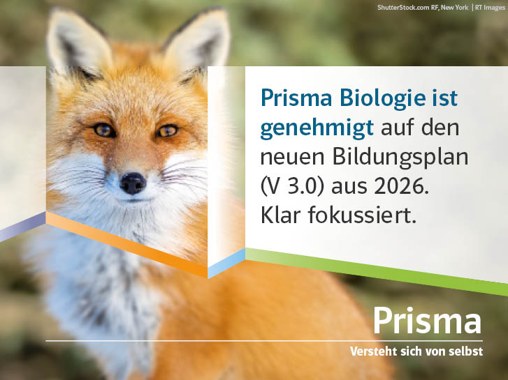 Fuchs schaut den Betrachtenden an mit dem Text: Prisma Biologie ist genehmigt auf den neuen Bildungsplan (V 3.0) aus 2026