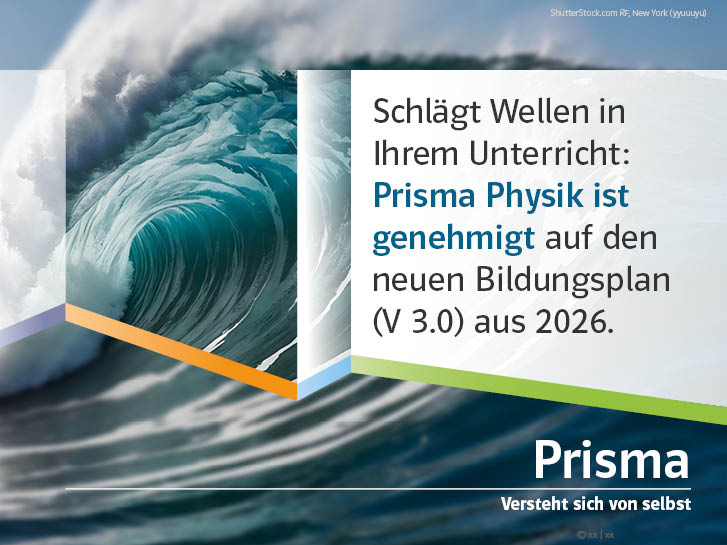 Meereswelle, die sich überschlägt, mit dem Text: Prisma Physik ist genehmigt auf den neuen Bildungsplan (v.3.0) aus 2026