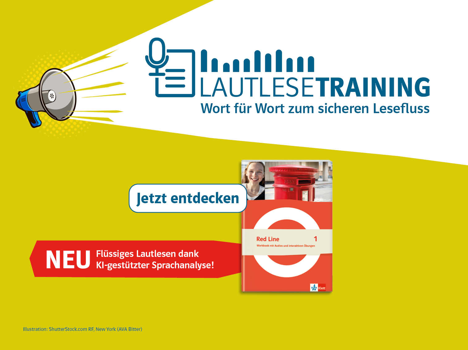 Grafik, die darauf hinweist, dass es das neues Feature Lautlesetraining für den Englischunterricht gibt