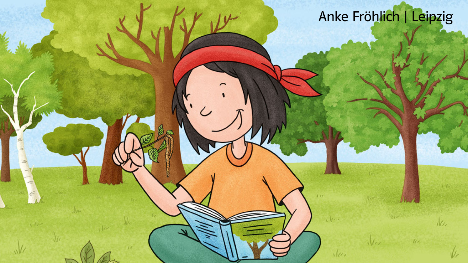 Illustration des Jungen „Anoki“, der auf einer Wiese sitzt, ein Buch hält und sich eine Pflanze anschaut.
