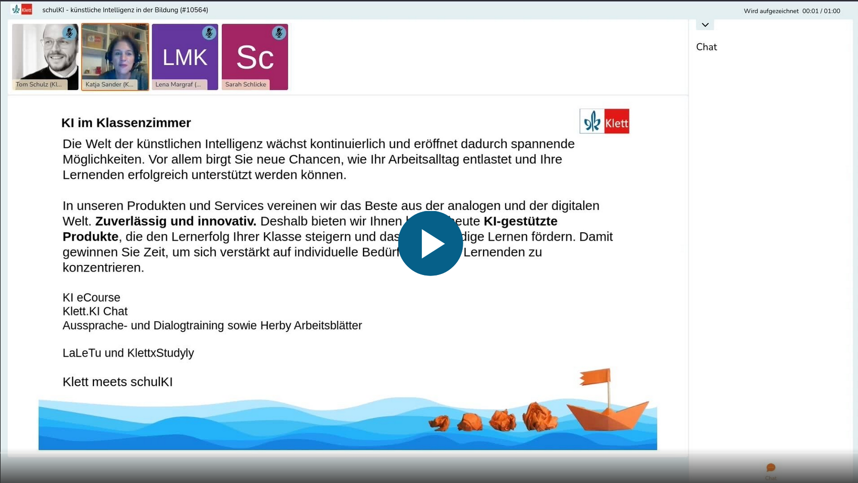 Vorschaubild eines Live-Mitschnitts eines Online-Seminars zu „Klett meets schulKI“