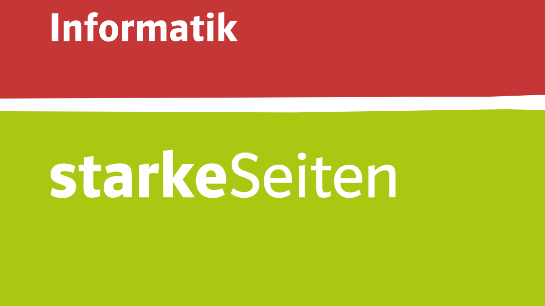 Illustration eines bunten Hintergrunds mit dem Text „Informatik“ und „starkeSeiten“