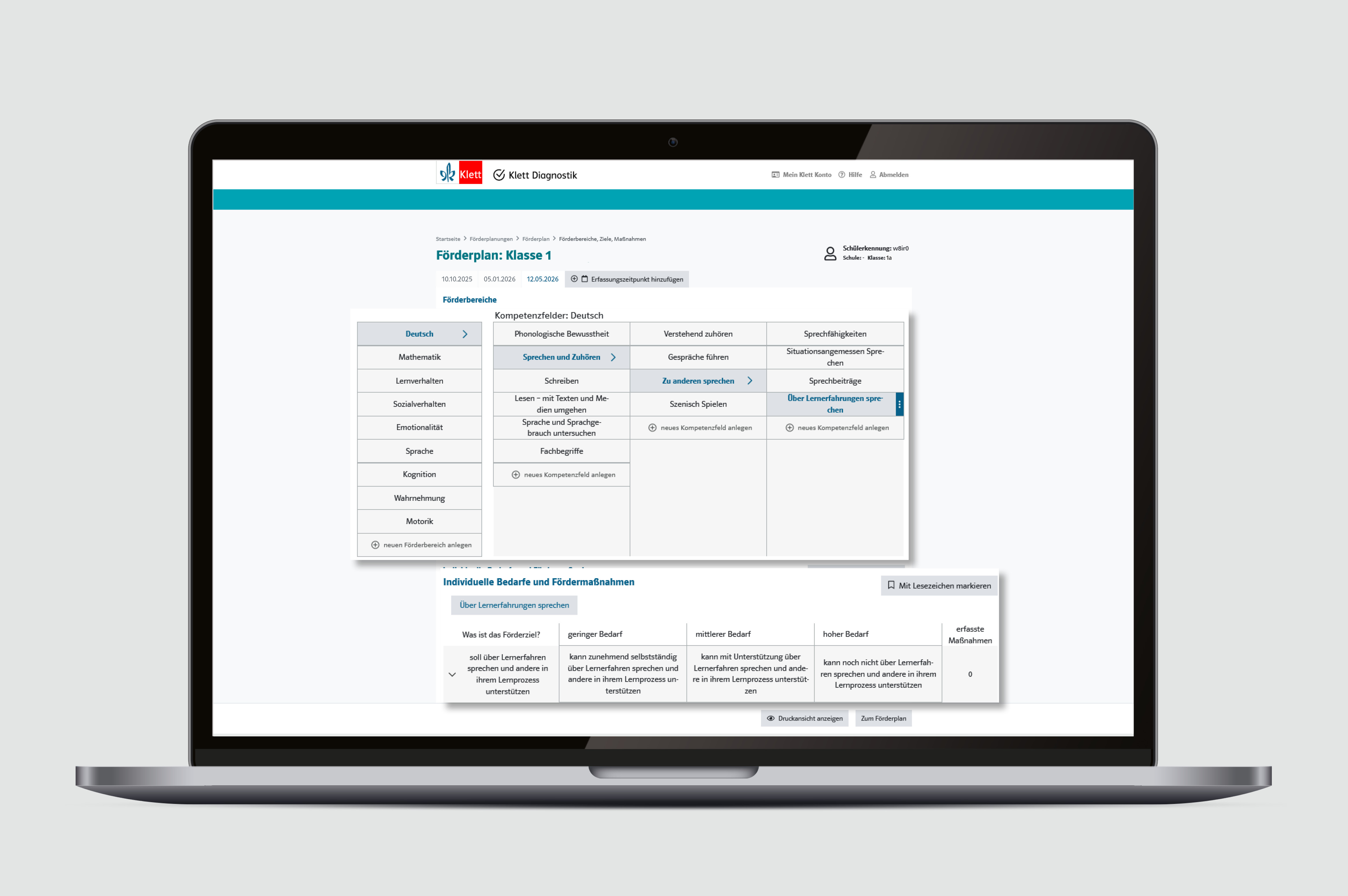 PC mit Ansicht von Textbausteinen, Formulierungshilfen und Förderempfehlungen im Klett-Diagnostikportal