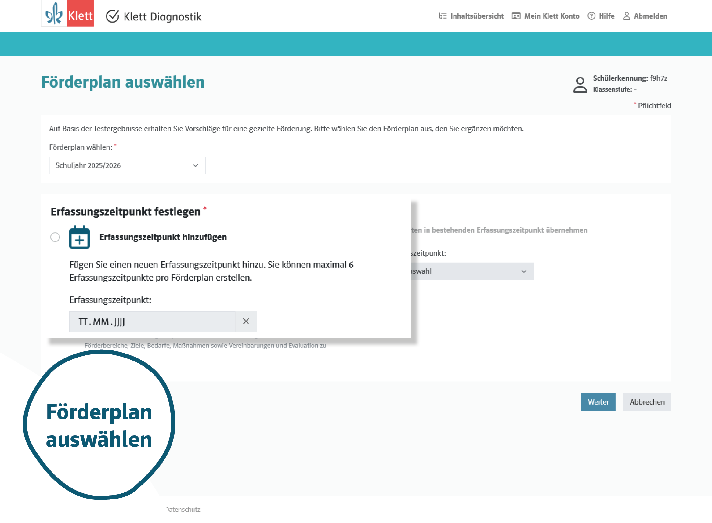 Förderpläne erstellen Schritt 3: Förderplan auswählen