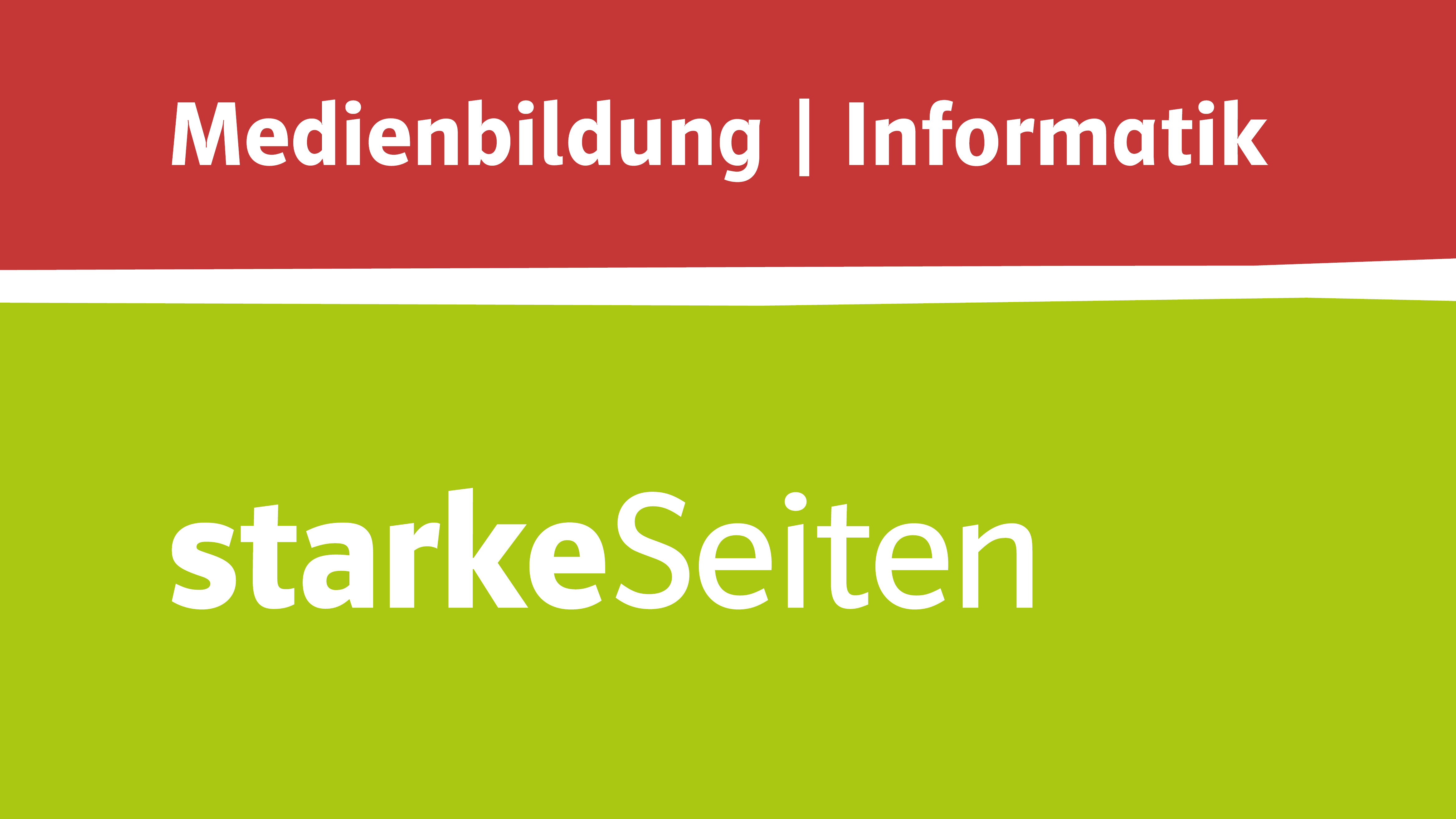 Illustration eines bunten Hintergrunds mit dem Text „Medienbildung Informatik“ und „starkeSeiten“
