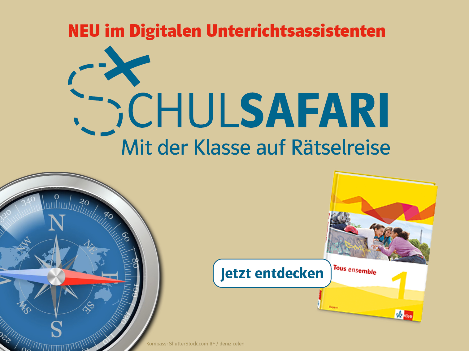 Grafik, die darauf hinweist, dass es ein neues Feature im Französischunterricht gibt, das Schulsafari heißt