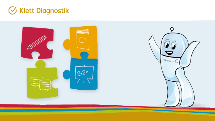 Diagnostik: Icons für Lesen, Schreiben, Sprechen und Rechnen, begleitet von der Leitfigur Diagnostix