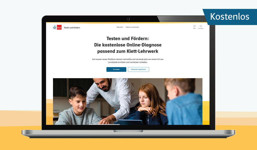 Laptop mit Vorschaubild des Online-Testportals Testen und Fördern mit dem Hinweis Kostenlos 