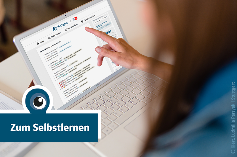Eine Person schaut auf ein Laptop mit der geöffneten Textopusanwendung mit dem Infotext 'Zum Selbstlernen'