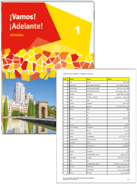 Buchcover von „¡Vamos! ¡Adelante! 1“ und Vorschaubild einer Vokabelliste „Zu Band 1“