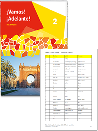 Buchcover von „¡Vamos! ¡Adelante! 2“ und Vorschaubild einer Vokabelliste „Zu Band 2“