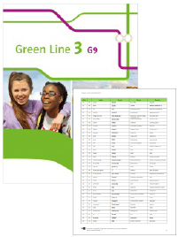 Buchcover von „Green Line 3 G9“ und Vorschaubild einer Vokabelliste „Zu Band 3“