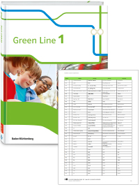 Buchcover von „Green Line 1“ und Vorschaubild einer Vokabelliste „Zu Band 1“