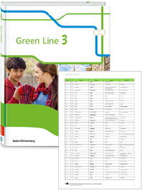 Buchcover von „Green Line 3“ und Vorschaubild einer Vokabelliste „Zu Band 3“