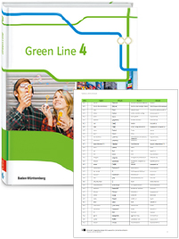 Buchcover von „Green Line 4“ und Vorschaubild einer Vokabelliste „Zu Band 4“
