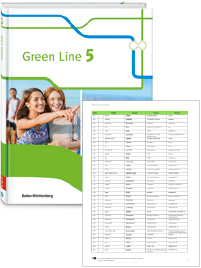 Buchcover von „Green Line 5“ und Vorschaubild einer Vokabelliste „Zu Band 5“