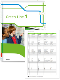 Buchcover von „Green Line 1“ und Vorschaubild einer Vokabelliste „Zu Band 1“
