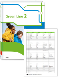 Buchcover von „Green Line 2“ und Vorschaubild einer Vokabelliste „Zu Band 2“