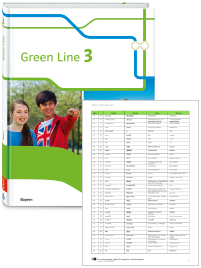 Buchcover von „Green Line 3“ und Vorschaubild einer Vokabelliste „Zu Band 3“