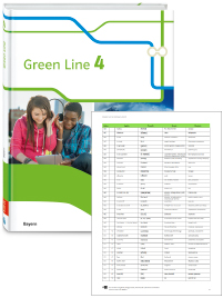 Buchcover von „Green Line 4“ und Vorschaubild einer Vokabelliste „Zu Band 4“