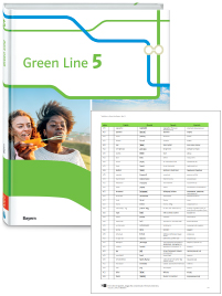 Buchcover von „Green Line 5“ und Vorschaubild einer Vokabelliste „Zu Band 5“