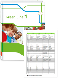 Buchcover von „Green Line 1“ und Vorschaubild einer Vokabelliste „Zu Band 1“