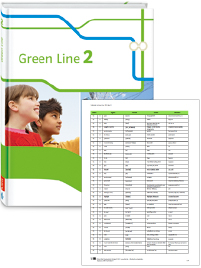 Buchcover von „Green Line 2“ und Vorschaubild einer Vokabelliste „Zu Band 2“