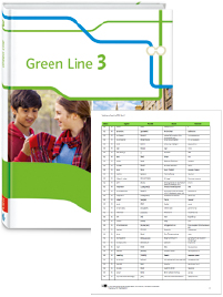 Buchcover von „Green Line 3“ und Vorschaubild einer Vokabelliste „Zu Band 3“
