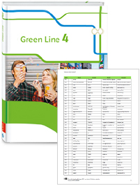 Buchcover von „Green Line 4“ und Vorschaubild einer Vokabelliste „Zu Band 4“
