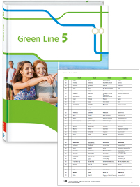 Buchcover von „Green Line 5“ und Vorschaubild einer Vokabelliste „Zu Band 5“