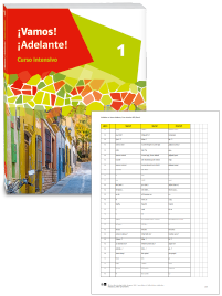 Buchcover von „¡Vamos! ¡Adelante! Curso intensivo“ und Vorschaubild einer Vokabelliste „Zu Band 1“