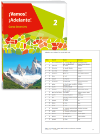 Buchcover von „¡Vamos! ¡Adelante! Curso intensivo“ und Vorschaubild einer Vokabelliste „Zu Band 2“