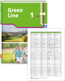 Buchcover von „Green Line 1 G9“ und Vorschaubild einer Vokabelliste „Zu Band 1“