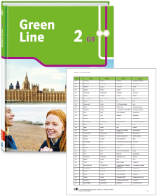 Buchcover von „Green Line 2 G9“ und Vorschaubild einer Vokabelliste „Zu Band 2“