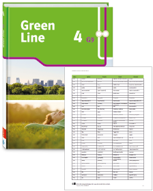 Buchcover von „Green Line 4 G9“ und Vorschaubild einer Vokabelliste „Zu Band 4“