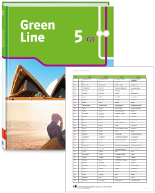 Buchcover von „Green Line 5 G9“ und Vorschaubild einer Vokabelliste „Zu Band 5“