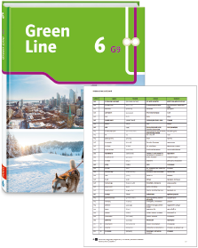 Buchcover von „Green Line 6 G9“ und Vorschaubild einer Vokabelliste „Zu Band 6“