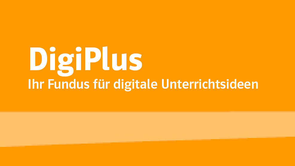 Illustration zweier orangener Farbflächen mit dem Text „DigiPlus Ihr Fundus für digitale Unterrichtsideen“